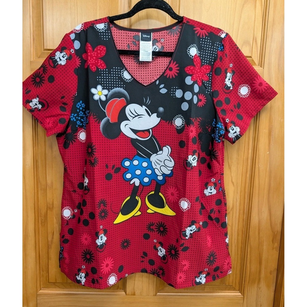 Disney Women's Large Scrub Top Shirt Stretch V Neck Front Pockets Short Sleeves